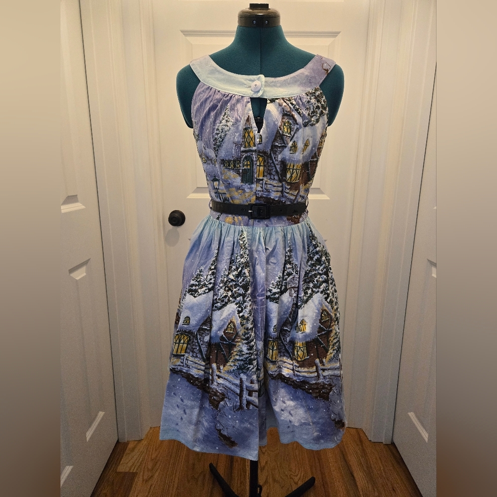 Bernie Dexter Blue and White Snowy Village Midi Dress